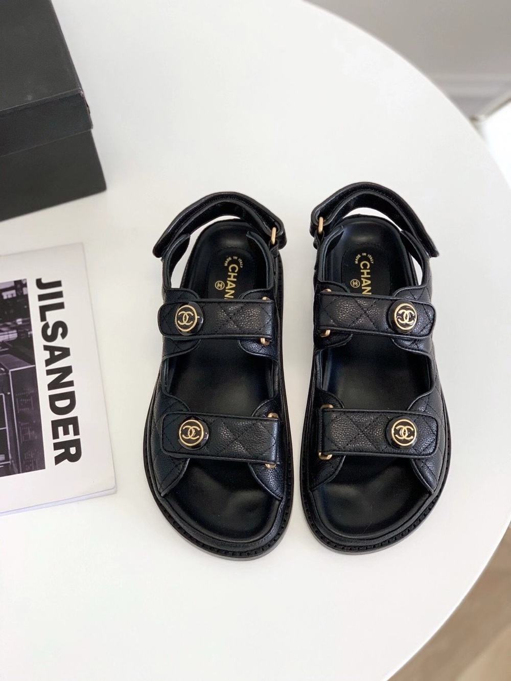 Chanel Gate NO 5 Quilted Leather Strap Black Sandals